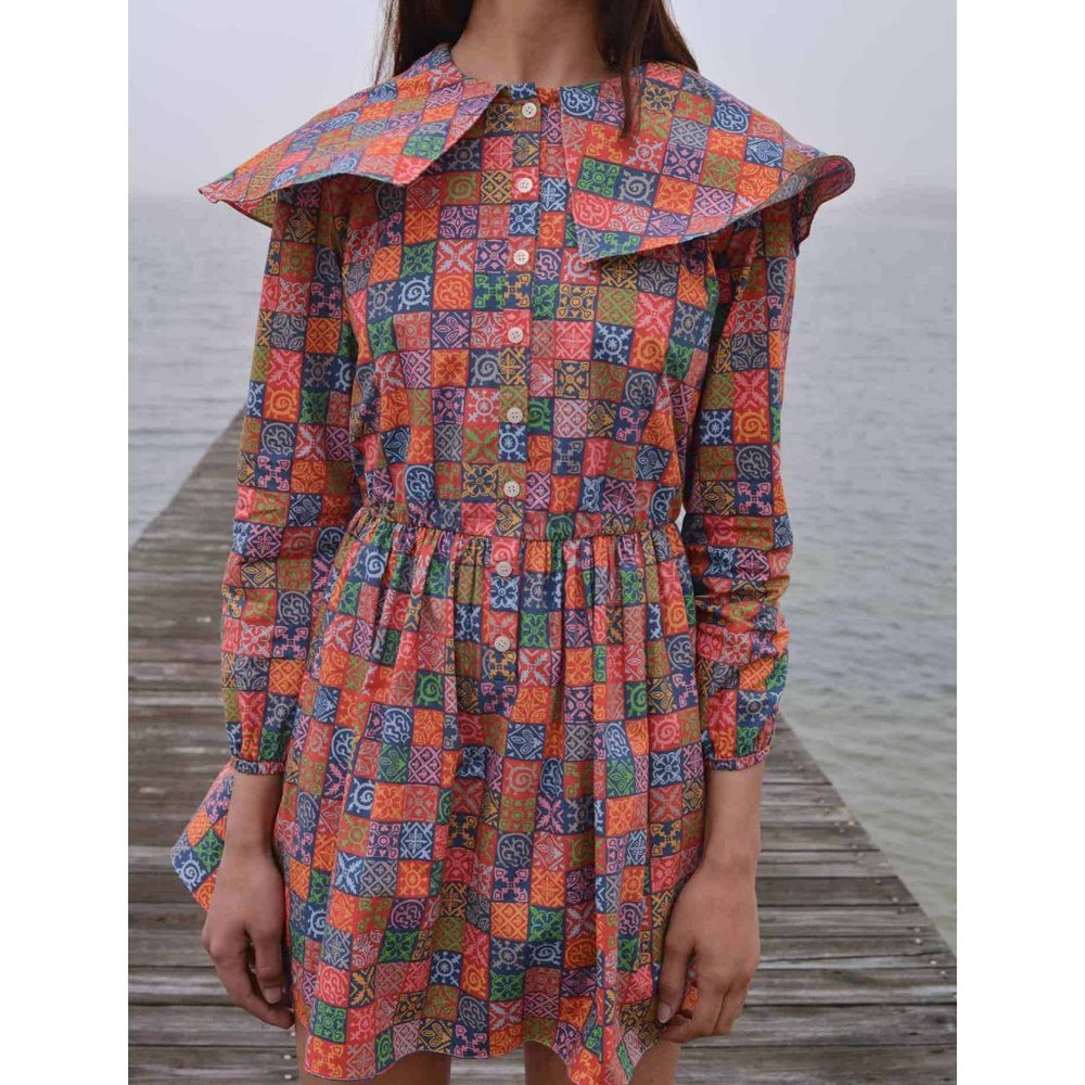 Coco Shop Oversized Collar Mini Dress Navy Checkerboard Cotton Squares Orange M